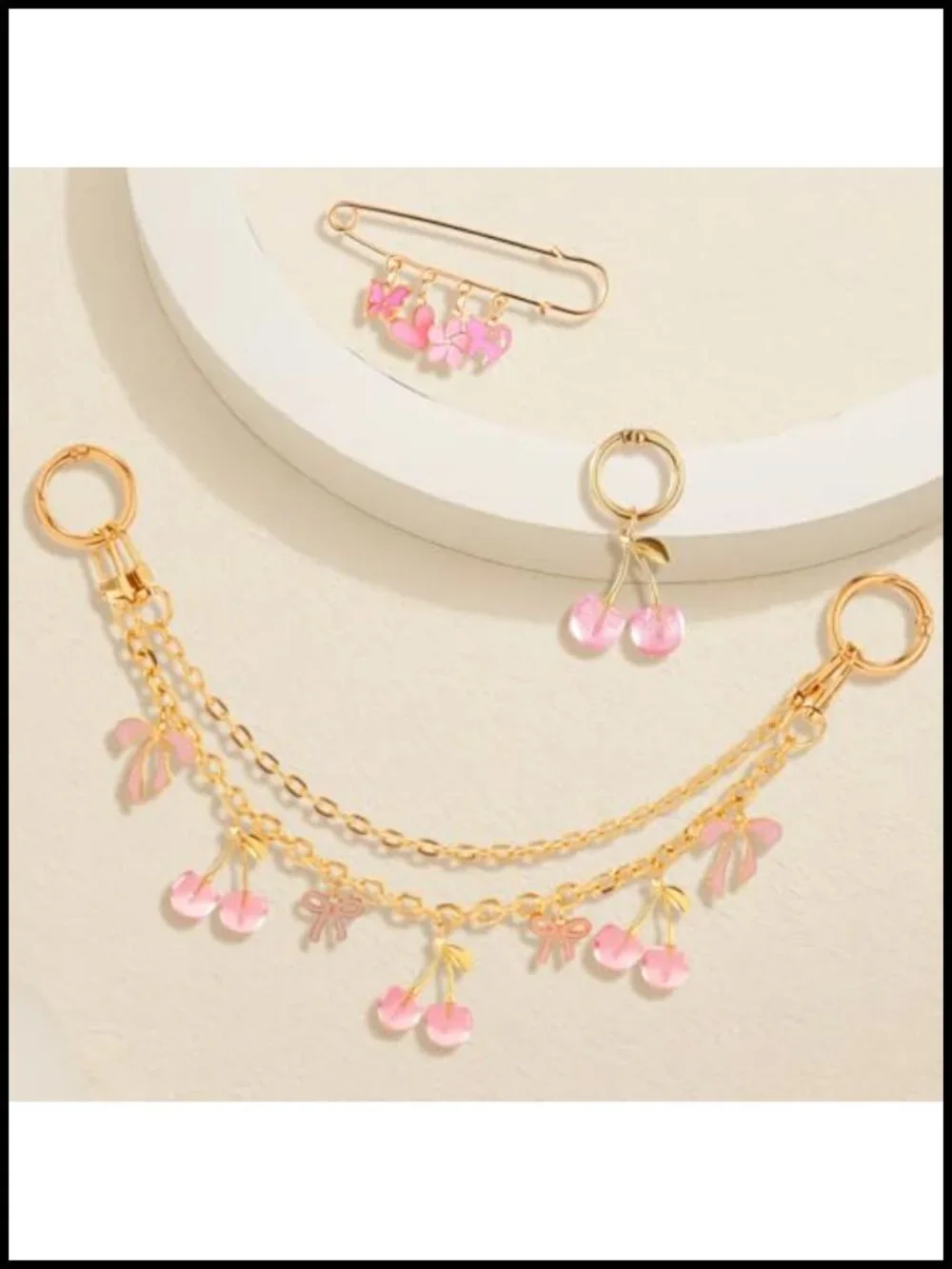 3pc Metal Bag Charms Set w/ Safety Pin & Keychain Gold-Tone Purse Charms